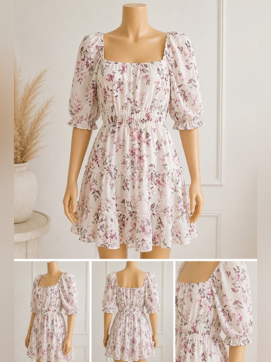 Trixxi Dresses & Skirts - Trixxi Pink Floral Mini Dress | Puff Sleeve Square Neck | Cottagecore